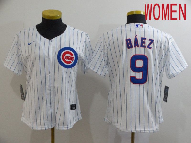 Women Chicago Cubs 9 Baez White Game Nike MLB Jerseys